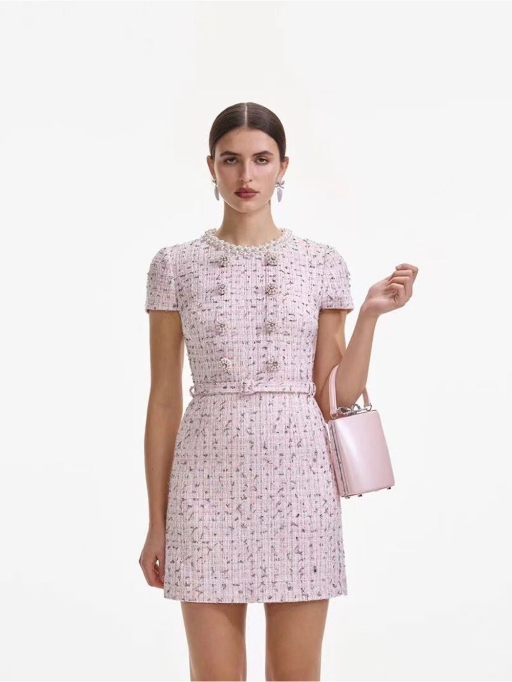 Self-portrait Pink Tweed Short-Sleeve Dress